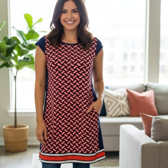 Michael Kors Shift Dress - Red White & Blue Geometric Print |Super stretchy XL - Picture 1 of 5